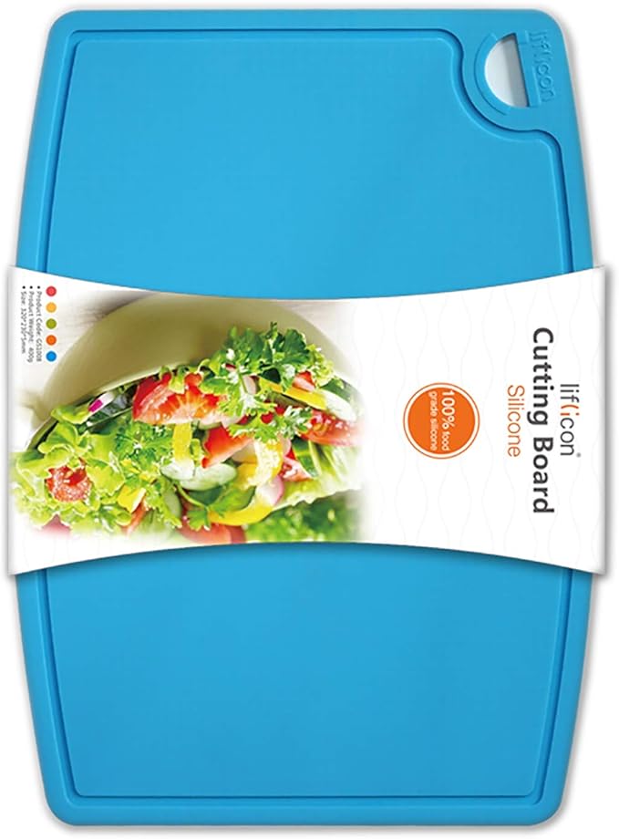 Liflicon Thick Silicone Cutting Board 12.6'' x 9.1'' Foldable & Flexible Design Juice Grooves Easy Grip Handle Dishwasher Safe-Blue