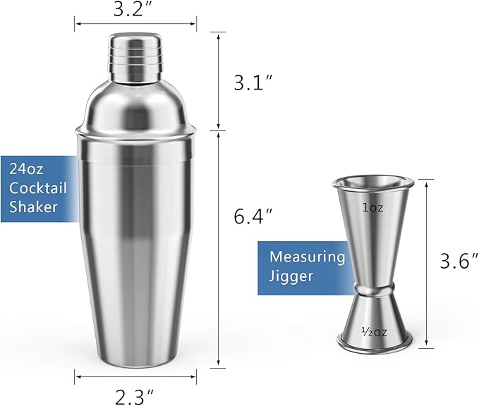 Cocktail Shaker with Double Measuring Jigger,Professional Stainless Steel 24oz Martini Shaker Set,Drink Built-In Strainer,Bartender Kit.