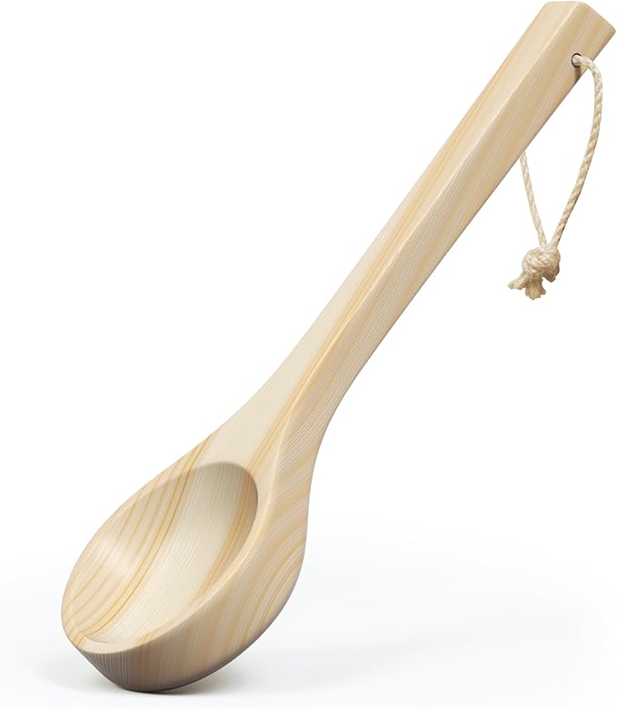 Sauna Ladle - Handmade from Finnish Pine Wood - Natural Rope - 14″ Handle & 3.4 oz (100 mL) Capacity Spoon