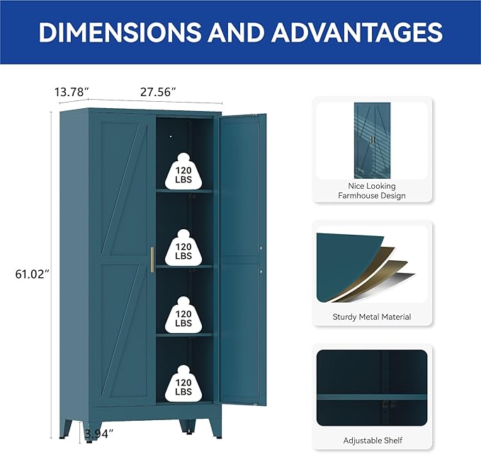 COFaR Metal Storage Cabinet, 61 in Tall Metal Cabinet with 3 Adjustable Shelves and Barn Doors, Farmhouse Cupboard Storage for Kitchen Pantry Garage, 4-Tier Peacock Blue