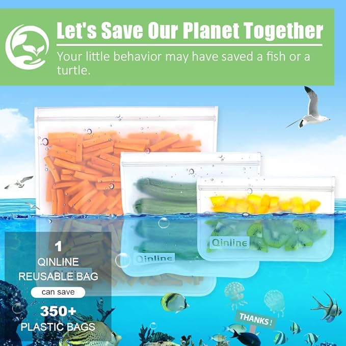 Reusable Food Storage Bags - 24 Pack Dishwasher Safe Freezer Bags, BPA Free Reusable Bags PEVA material, Leakproof Reusable Lunch Bag for Salad Fruit Travel - 8 Gallon 8 Sandwich 8 Snack Bags