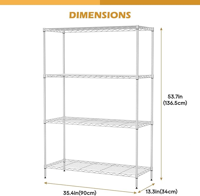 4-Shelf Storage Shelves Metal Shelving Unit NSF Garage Storage Rack Adjustable Wire Shelves Organizer for Kitchen Closet Basement, 800 LBS Capacity, 35.4" L x 13.3" W x 53.7" H, Chrome