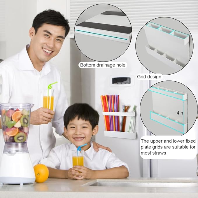 Picowe Magnetic Straw Holder Organizer, Metal 4-Slot Tumbler Straw Organizer for Fridge & Cabinet Door, Drinking Reusable Straws Dispenser Holds 10+ Straws (White)