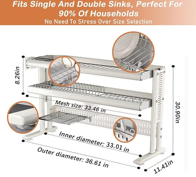 Large Over The Sink Dish Drainer Drying Rack，2 Tier Large Capacity Stainless Steel Dish Drying Rack Over Sink, Multifunctional Kitchen Organizers and Storage Dish Rack (White, Double Layer)