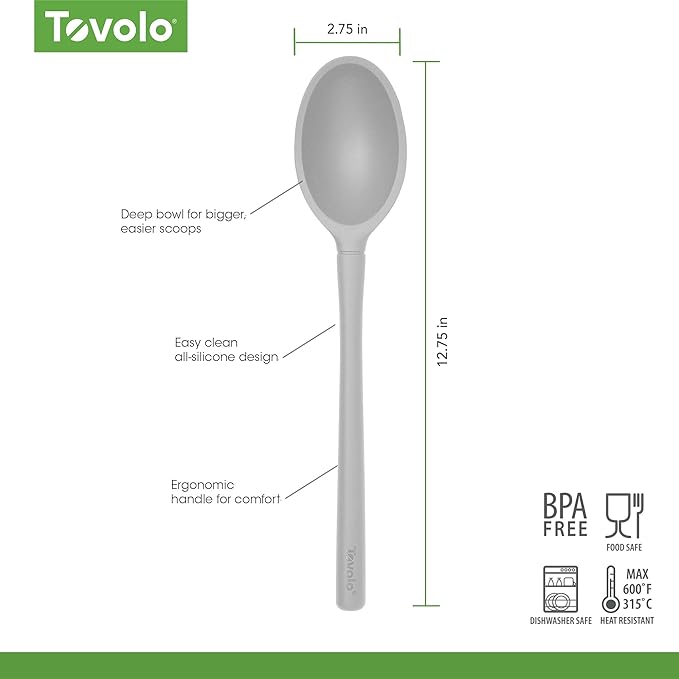 Tovolo Flex-Core Non-Stick All Silicone Deep Spoon Kitchen Utensil for Mixing and Serving – Heat-Resistant, Dishwasher Safe & BPA Free - Oyster Gray