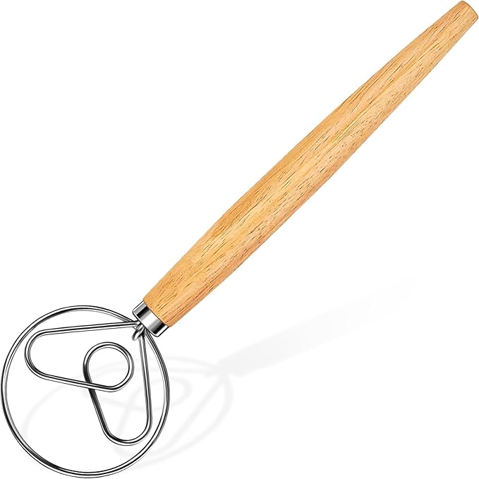 Hand Whisk Stainless Steel Dough Hook Dutch Whisk for Sourdough Bread Dough Mixer Hand Wooden Handle Kitchen Whisking Mixing Tool Bread Making Tools (Love heart shape)