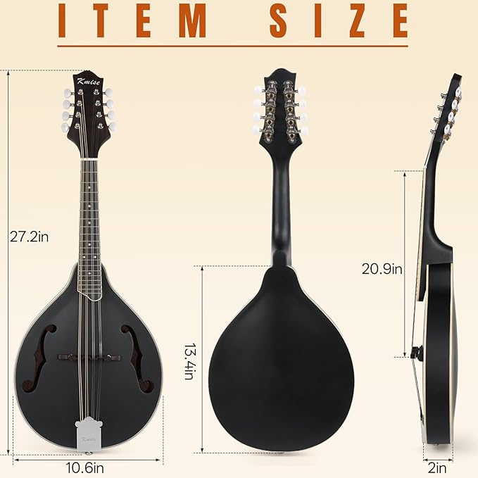 Mandolin Instrument A Style, Acoustic Mandolins Instrument Kit 8 String with Tuner Strap Gig Bag Chord Chart for Professional Beginners Adults Teens Youth Kid(A Style Acoustic Black, 8 String)
