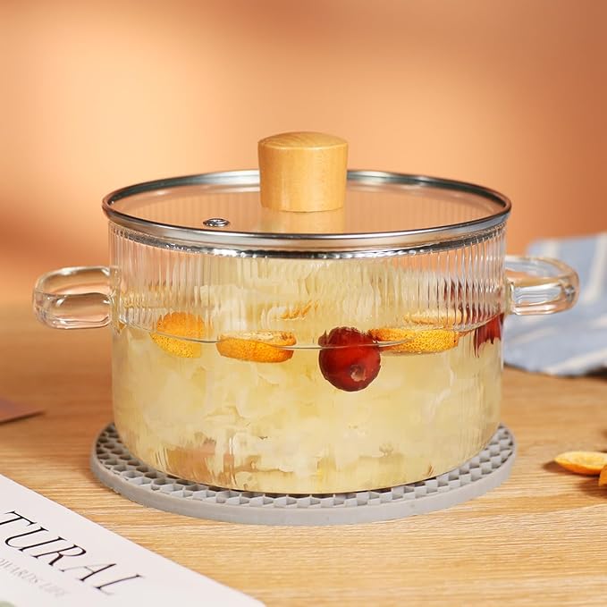 Glass Cooking Pot with Lid - 1.5L(50oz) Heat Resistant Borosilicate Glass Saucepan with Brush & Anti-Scalding Mat for Pasta Noodle, Soup, Milk, Baby Food