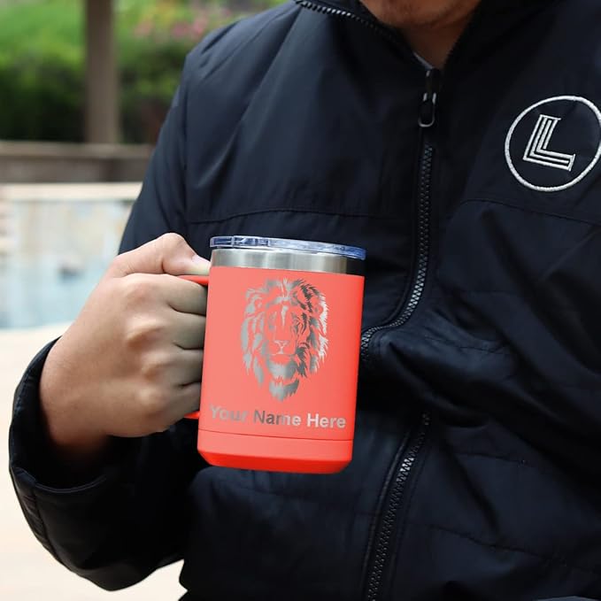 LaserGram 15oz Vacuum Insulated Coffee Mug, Tiki Statue, Personalized Engraving Included (Coral)