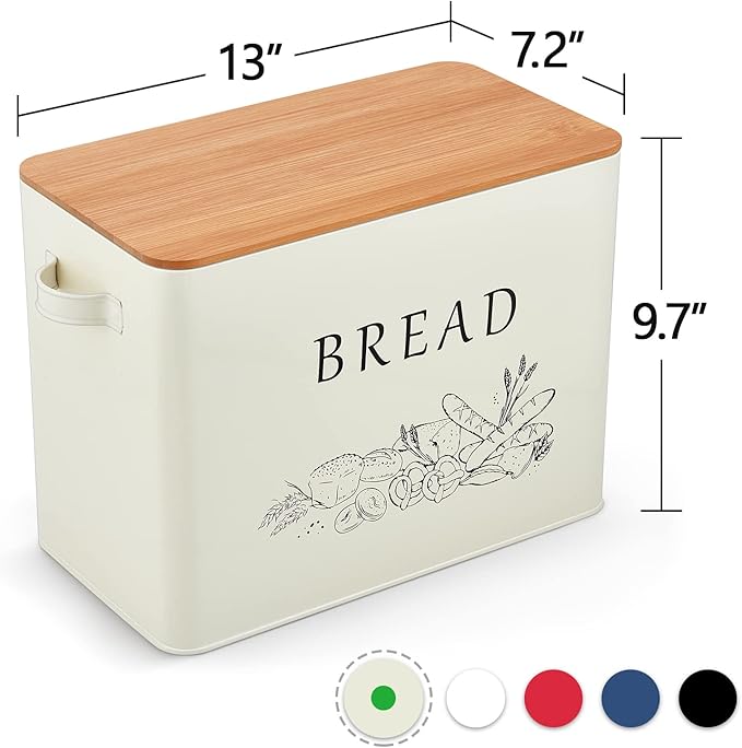 P&P CHEF Bread Box for Kitchen Counter, Metal Bread Storage Bin with Wooden Cutting Lid, Large Capacity for Holding 2+ Loaves, Retro Modern Style, Size 13” x 7.2” x 9.7”, Cream