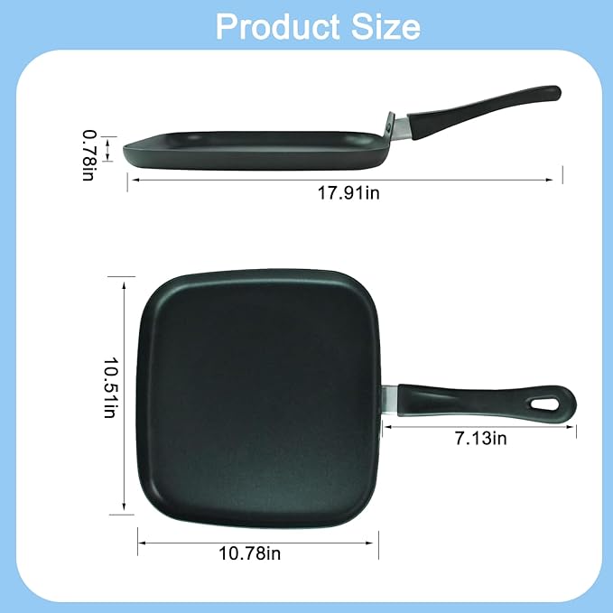 10 Inch Square Griddle Pan - Nonstick Flat Skillet, Cast aluminum, Grill Pan for Cooking Stove Top Omelette Steak Stir Fry, Comales para Tortillas with Cool Touch Handle, PFOA Free