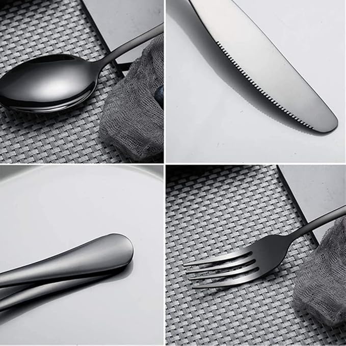 Black Silverware Set for 12 Stainless Steel Flatware 60 Piece Cutlery Spoon Fork Knife Kitchen Eaing Utensils Wide Round Handle Restaurant Festival Parties Easy to Clean