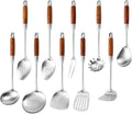 Stainless Steel Kitchen Utensils Set with Wood Handle, 18/10 Metal Cooking Utensils Set, 10 Piece - Spatula, Spoon, Ladle, Skimmer, Slotted Turners, Pasta,Turner, Ladl, Fork