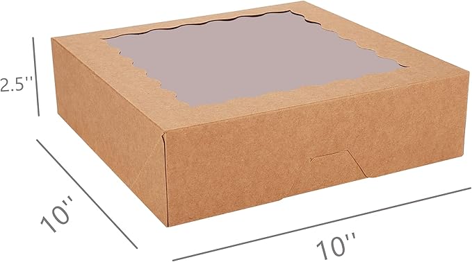 30-Pack Pie Boxes 10" x 10" x 2.5", Bakery Boxes with Window, Auto-Popup Cookie Boxes for Muffins, Donuts and Pastries (Brown)