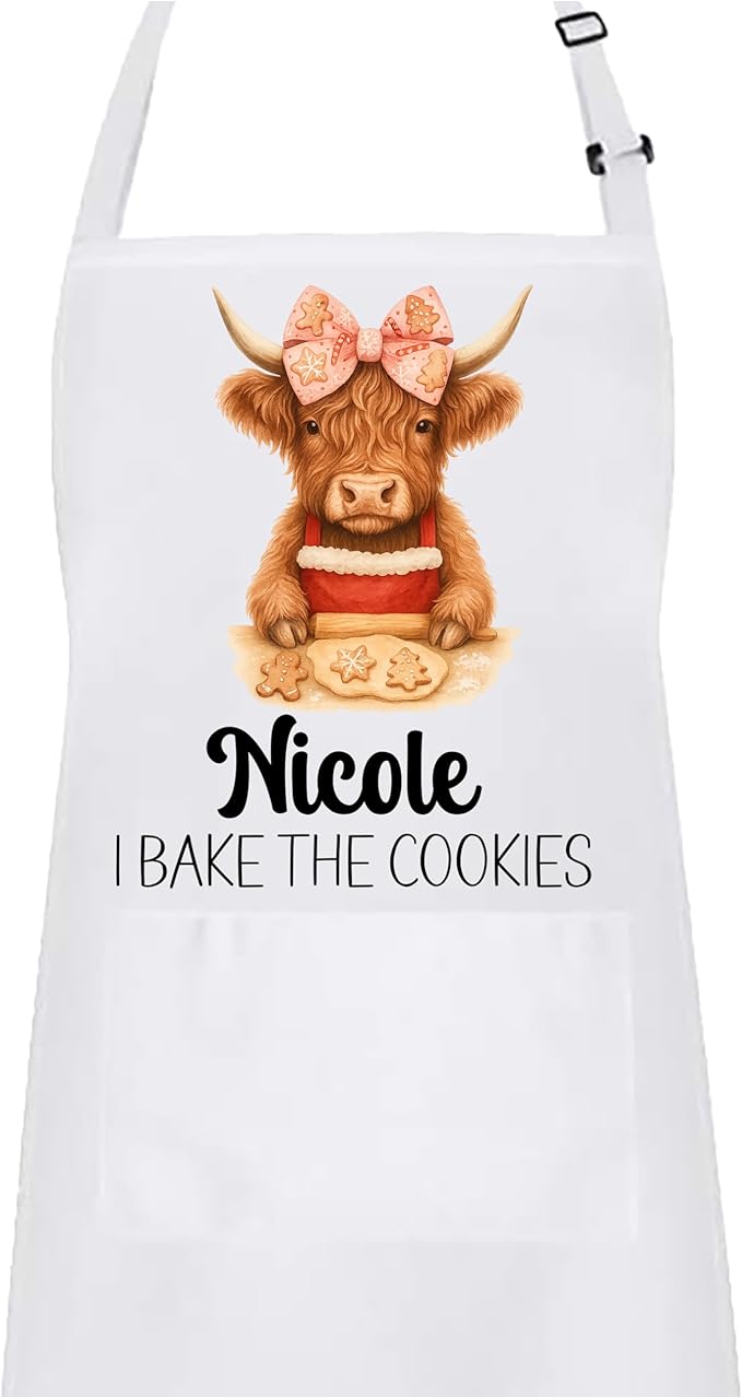 Personalized Mommy & Me Highland Cow with Bow Apron Set – Christmas Matching Family Baking Gift