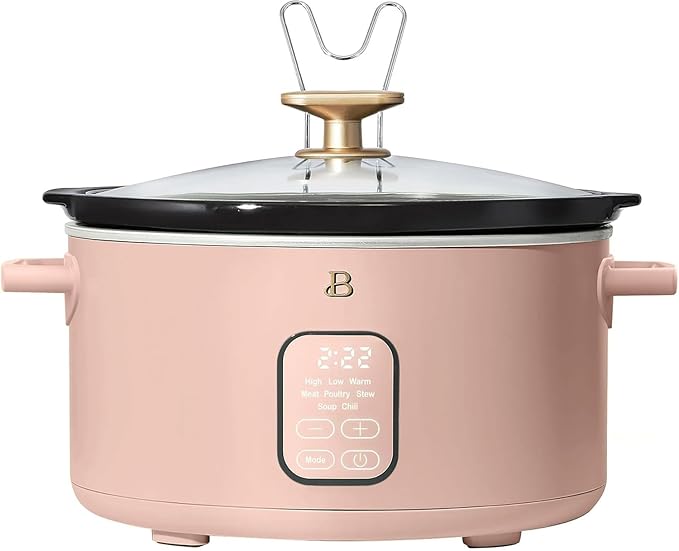 Beautiful 6 Qt Programmable Slow Cooker by Drew Barrymore - 5 Preset Cooking Functions, Digital Countdown Timer, Dishwasher-Safe Parts, and Cool-Touch Handles (Rose)
