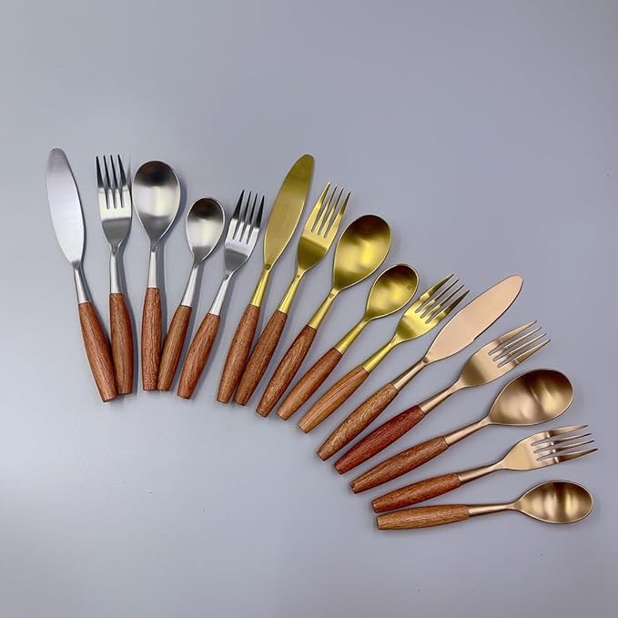 20 piece Wooden Handle Gold Silverware Set for 4 Gold Utensil Set Cutlery Flatware Set Food-Grade 18/8 Stainless Steel Spoons And Forks Set Matte Utensil Sets Dishwasher Safe for Home & Kitchen