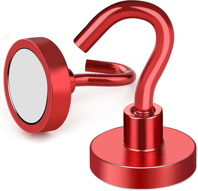 MIKEDE Magnetic Hooks Heavy Duty, 30LB+ Strong Magnets with Hook for Fridge, Neodymium Extra Strength Industrial Hooks for Hanging, Magnetic Hanger for Toolbox, Cruise, Grill(Red,4 Pack)