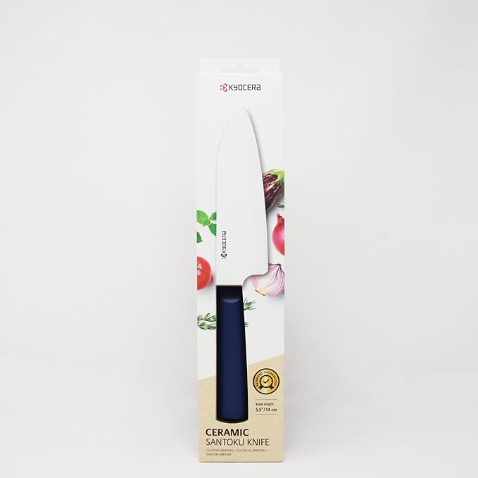 Kyocera INNOVATIONwhite 5.5" Ceramic Santoku Knife - White Z212 Blade with Non-Slip Blue Handle