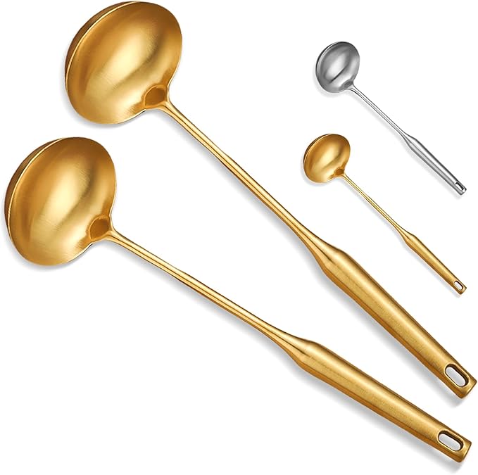 Soup Ladle, 2Pcs Stainless Steel Ladle spoon, 14 Inch Serving Spoon Heavy Duty kitchen Utensils for Cooking Buffet, Party, Kitchen, Gold