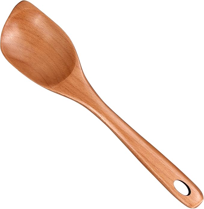 Large Wooden Cooking Spoon Mixing Serving Spoon Best Oak Wood Spoons for Cooking Spatula Non Toxic Kitchen Utensil 12.5 Inch Long Handle Spoon Big Stirring Corner Spoons