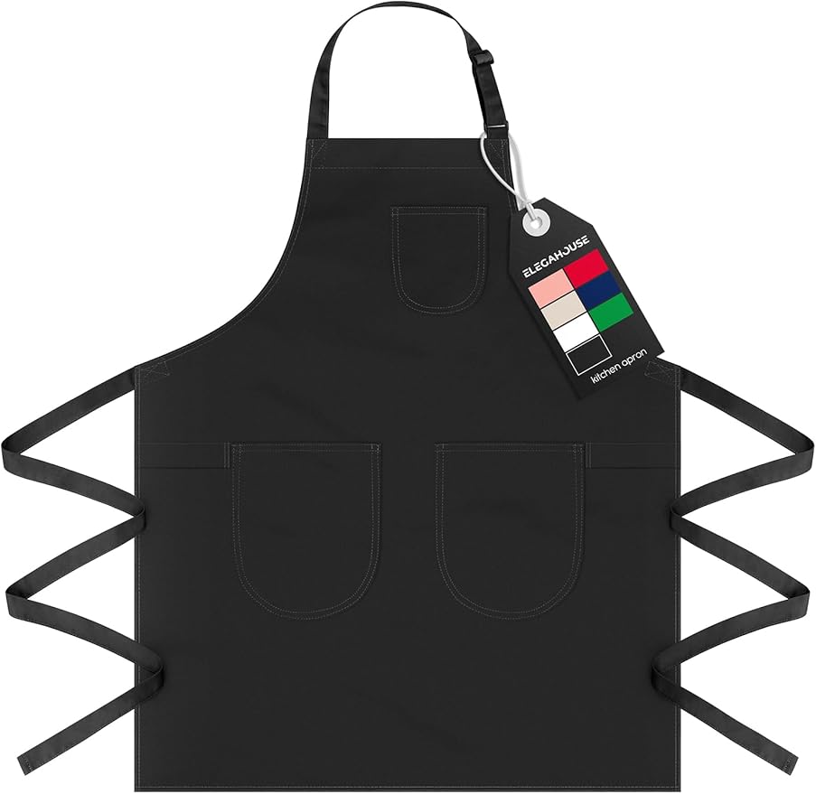 Unisex Apron with Pockets for Cooking, Salon & Art - 100% Cotton Adult Kitchen, Chef, Stylist Apron (Black)