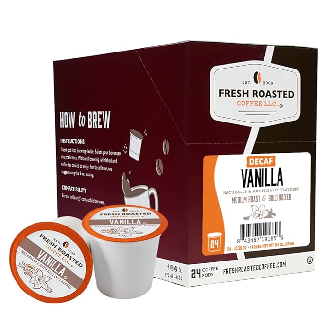 Fresh Roasted Coffee, Decaf Vanilla, Flavored Coffee Pods, K-Cup Compatible, 24 Count