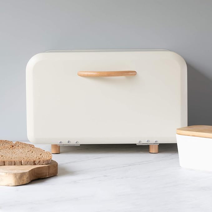Navaris Bread Box - Metal Bread Bin Storage Tin with Front Opening Drop Down Door for Kitchen Counter or Shelf - Breadbox Storage Container - Cream