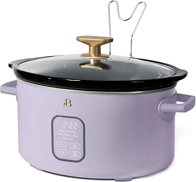 Beautiful 6 Qt Programmable Slow Cooker by Drew Barrymore - 5 Preset Cooking Functions, Digital Countdown Timer, Dishwasher-Safe Parts, and Cool-Touch Handles (Lavender)