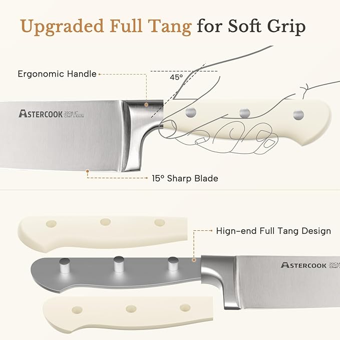 Knife Set,Astercook Kitchen Knife Set with Block 14-Piece Full Tang Stainless Steel Knives with Sharpener Dishwasher Safe and Anti-Slip Ergonomic Handle Elegant Cream White Utensils Set