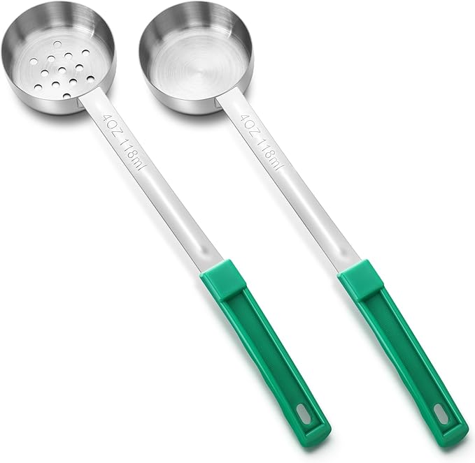 2 Pcs Portion Control Serving Spoons, Restaurant Measuring Serving Ladle Utensils, Portion Spoons for Weight Loss, Kitchen (Green,4 oz,Solid and Slotted)