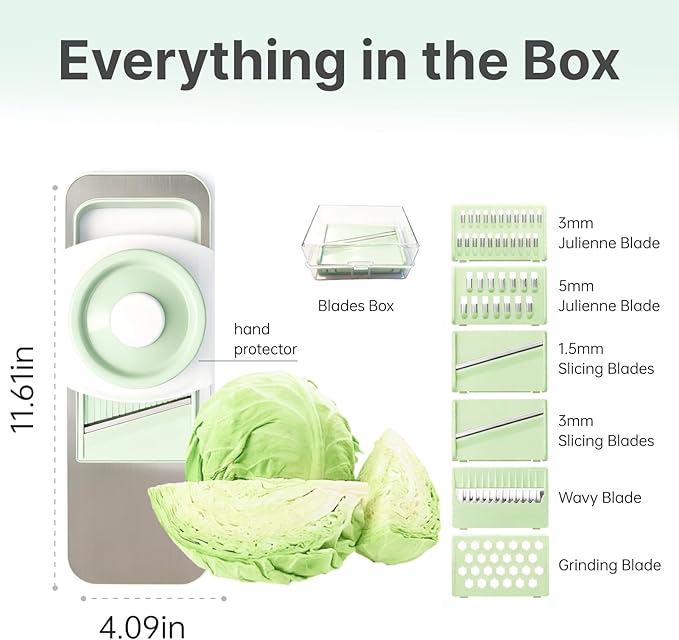 Stainless-Steel Mandoline Slicer for Kitchen, 6-in-1 Vegetable & Cucumber Slicer with Safety Guard, Easy-Clean Design, Compact Space-Saving Tool for Daily Salad & Meal Prep (Mint Green)