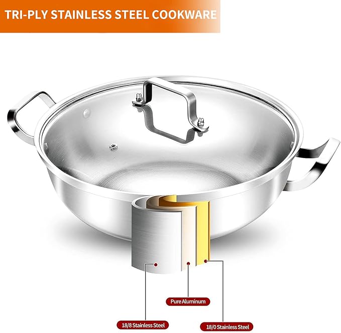 Delarlo Tri-Ply Stainless Steel 11 inch Everyday Pan with Lid, Kitchen Induction Deep Saute Pan,shabu shabu pot High Side Cooking Pot 3.5QT, Oven Safe Stock Pot, Up to 600℉