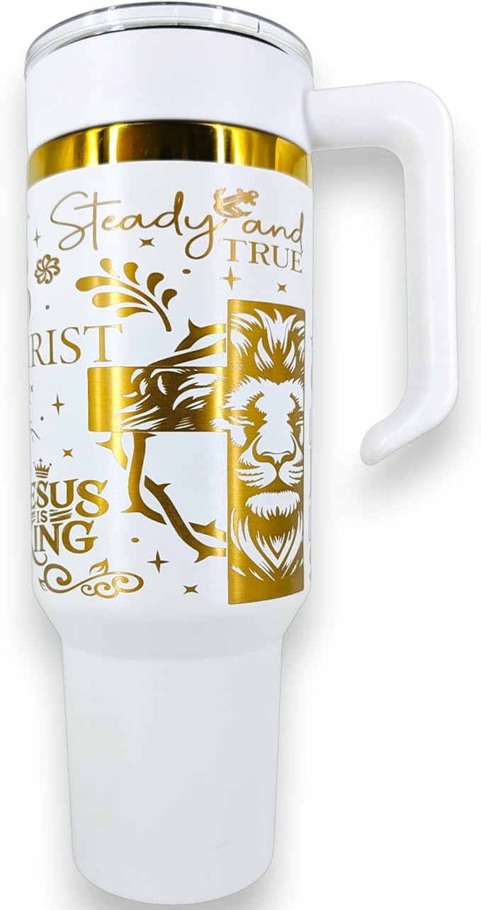 40oz Christian Tumbler with Handle & Straw – “Rooted in Christ,” “Jesus Is King,” Faith Scripture Gift – Double Wall Insulated Stainless Steel Mug for Hot & Cold Drinks (Rooted In Christ)