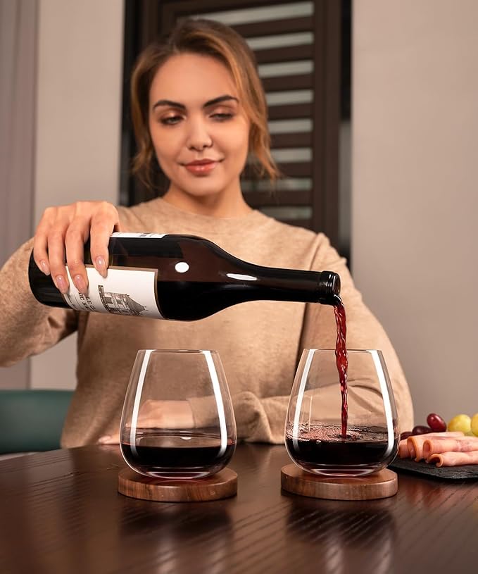 Stemless Wine Glasses Set of 4, 17oz Hand Blown Crystal Red White Wine Glass, Ideal for Birthday and Special Days, Perfect Gifts for Both Men and Women