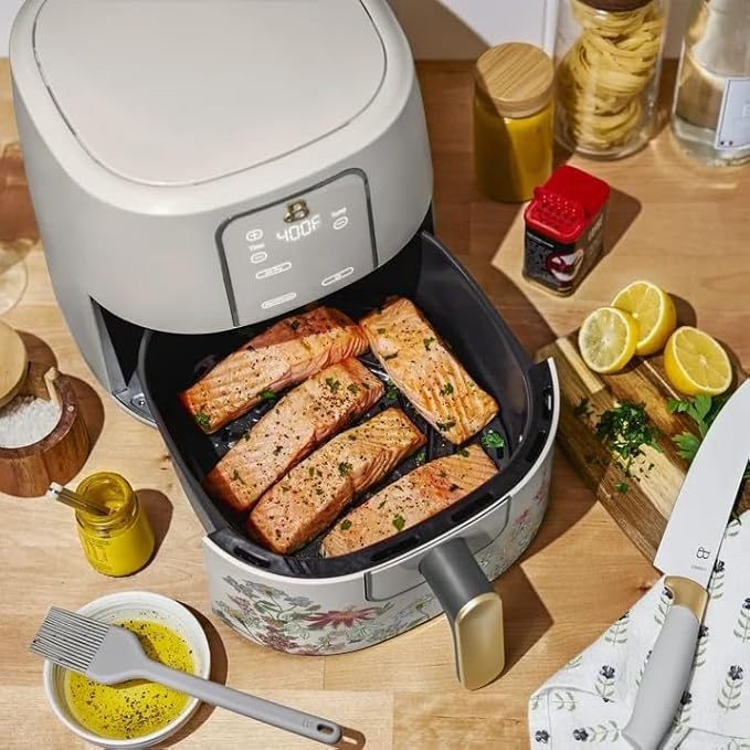Beautiful 6 Qt Air Fryer with TurboCrisp Technology, AllGood Ceramic Nonstick Coating - Roast, Reheat and dehydrator, kitchen appliances by Drew Barrymore (Wildflower Porcini Taupe)