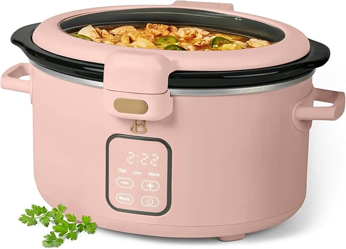 Beautiful 4-Qt Programmable Slow Cooker with Hinged Locking Lid & Touch Display – 3 Heat / 4 Timer Settings (Rose)