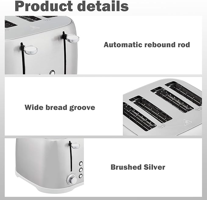 4 Slice Brushed Silver Stainless Steel Toaster with Wide Slots, Bagel, Defrost, Cancel Functions, 1600W Family Size Bread Maker for Modern Kitchens