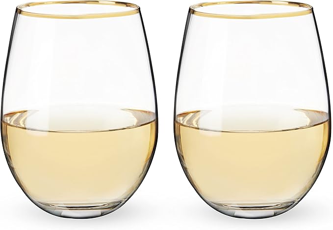 Twine Gilded Stemless Wine Glasses Set with Gold Rim, Modern Drinking Glasses for Red and White Wines, Wedding Gifts, Holiday Celebration, Elegant Glassware, Home Bar,18 oz, Set of 2