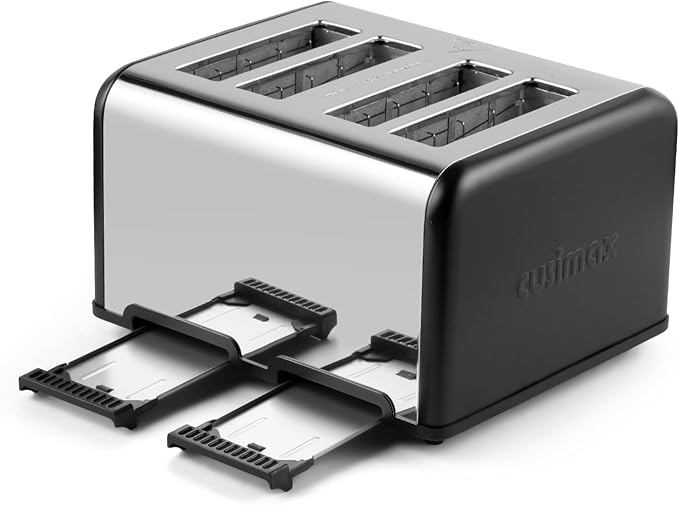 CUSIMAX 4 Slice Toaster with Smart LED Display, Stainless Steel Toaster with Exart Wide Slots, 6 Shade Settings, Bagel, Defrost and Cancel Fuction, 1650 Watts, Removable Crumb Trays, Black