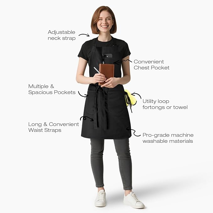 Unisex Apron with Pockets for Cooking, Salon & Art - 100% Cotton Adult Kitchen, Chef, Stylist Apron (Black)