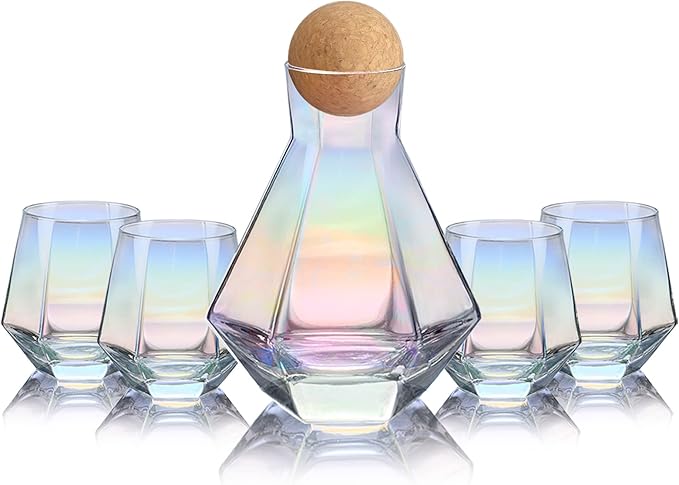 CUKBLESS Wine Decanter And Glasses Set of 4, Diamond Iridescent Wine Carafe With Cork Ball Stopper, Hand Blown Glass, for Wine Lovers