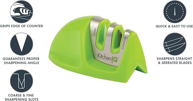 KitchenIQ 50881 - Edge Grip 2-Stage Knife Sharpener - Green - Coarse & Fine Sharpeners -Compact for Easy Storage - Stable Non-Slip Base - Soft Grip Rubber Handle - Straight & Serrated Knives