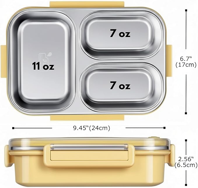 304 Stainless Steel Lunch Box for Adults & Kids, 25oz Leakproof Metal Bento Box with 3 Compartments, BPA-Free, Reusable & Dishwasher Safe Food Container for School,Office,Picnic,Travel(Yellow)