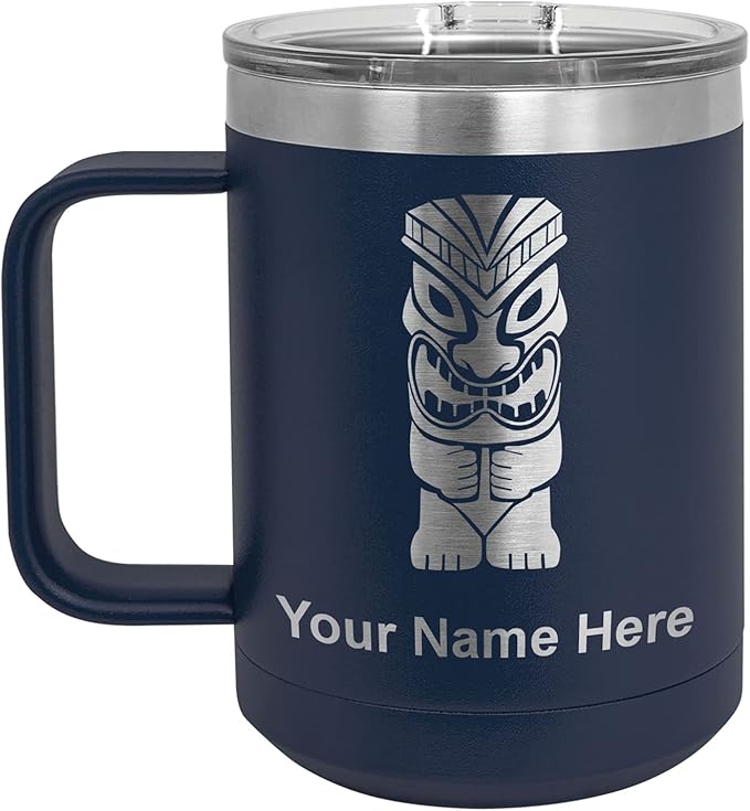 LaserGram 15oz Vacuum Insulated Coffee Mug, Tiki Statue, Personalized Engraving Included (Navy Blue)