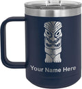 LaserGram 15oz Vacuum Insulated Coffee Mug, Tiki Statue, Personalized Engraving Included (Navy Blue)