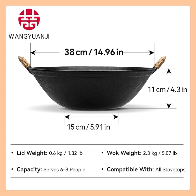 WANGYUANJI Cast Iron Wok Pan 14.9 inch Large SUGUO Wok Stir Fry Pan Flat Bottom with Dual Handle and Wooden Lid, Suitable for All Cooktops, Uncoated Chinese Traditional Wok
