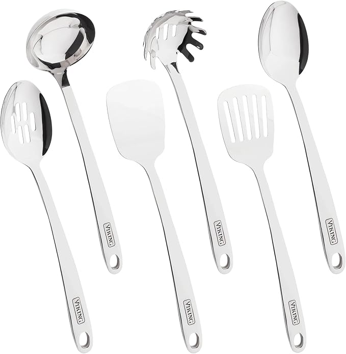 Viking Kitchen Utensils Set, 6 Piece Stainless Steel Cooking Utensil Set, Includes Spatulas, Spoons, Pasta Fork, and Deep Ladle, Hollow Forged, Silver