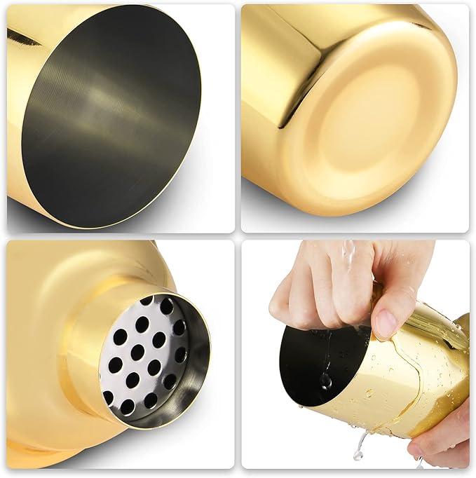 Cocktail Shaker with Double Measuring Jigger,18/8 Stainless Steel 24oz Martini Shaker Set,Drink Shaker Built-in Strainer,Bartender Kit. (Gold)