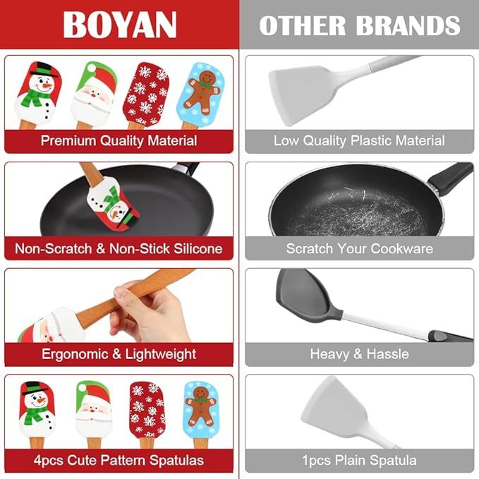 BOYAN Christmas Silicone Spatula, Set of 4, Christmas Spatulas with Wooden Handle for Baking, Kitchen Utensils Baking Supplies for Cooking, Gifts and Decoration